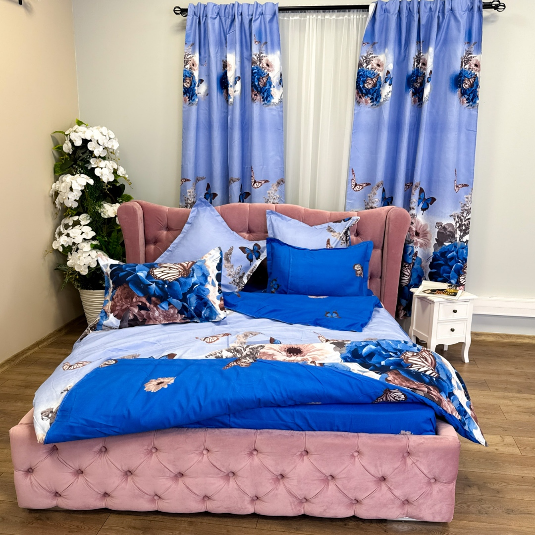 Set Lenjerie pat dublu (140x200cm, 160x200cm, 180x200cm) + 2 draperii, finet, 8 piese, Alb,Albastru, flori, fluturi - 3 | YEO