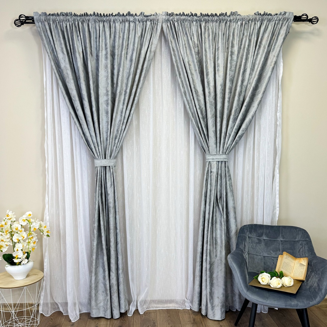 Draperie Catifea MYKONOS cu valuri rafinate aurii, 140cm latime x 260cm inaltime, cu TIV LAT, Gri deschis - V12 - 1 | YEO