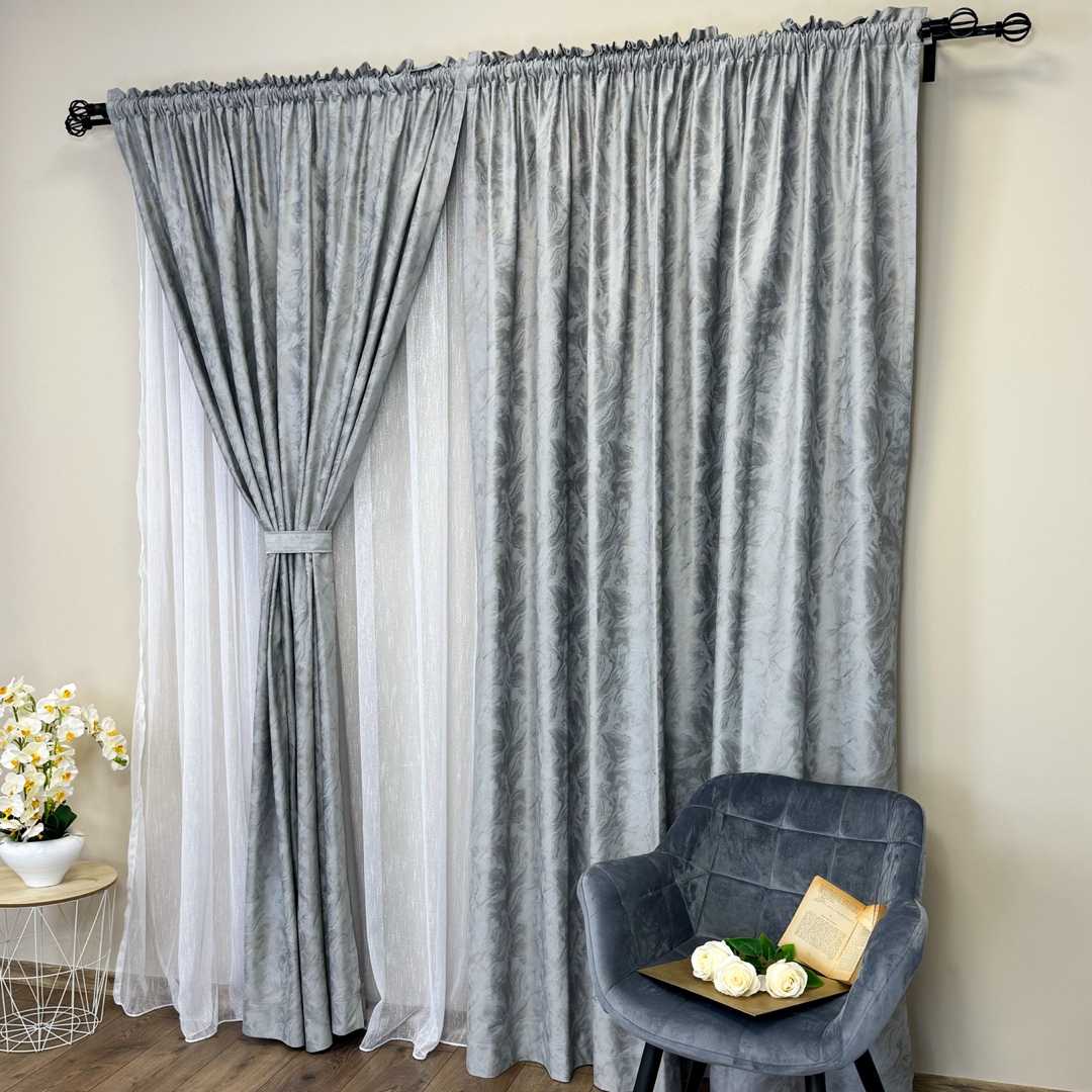Draperie Catifea MYKONOS cu valuri rafinate aurii, 140cm latime x 260cm inaltime, cu TIV LAT, Gri deschis - V12 - 2 | YEO