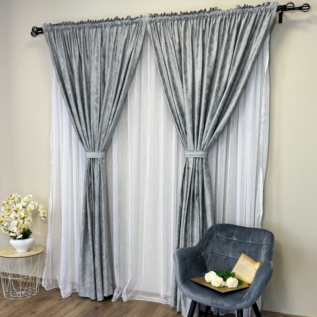 Draperie Catifea MYKONOS cu valuri rafinate aurii, 140cm latime x 260cm inaltime, cu TIV LAT, Gri deschis - V12 - 3 | YEO