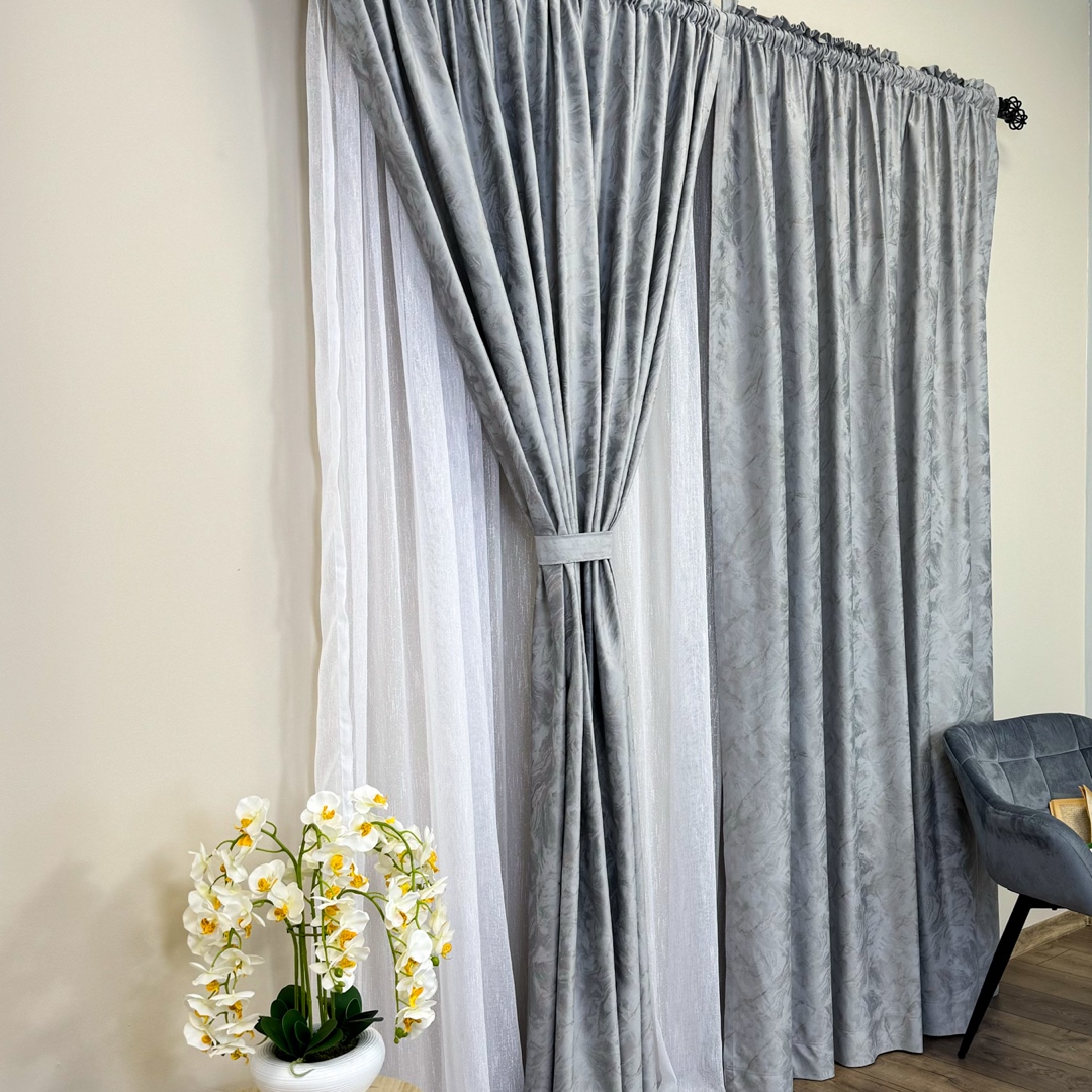 Draperie Catifea MYKONOS cu valuri rafinate aurii, 140cm latime x 260cm inaltime, cu TIV LAT, Gri deschis - V12 - 4 | YEO