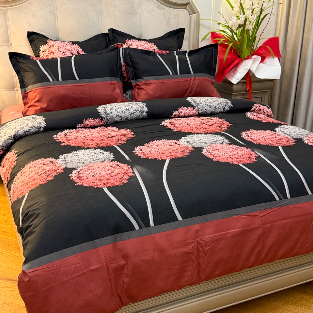 (OFERTA TRIO) Lenjerie pat dublu,  FINET, cu elastic, 6 piese, Negru, Rosu, papadii - 1 | YEO