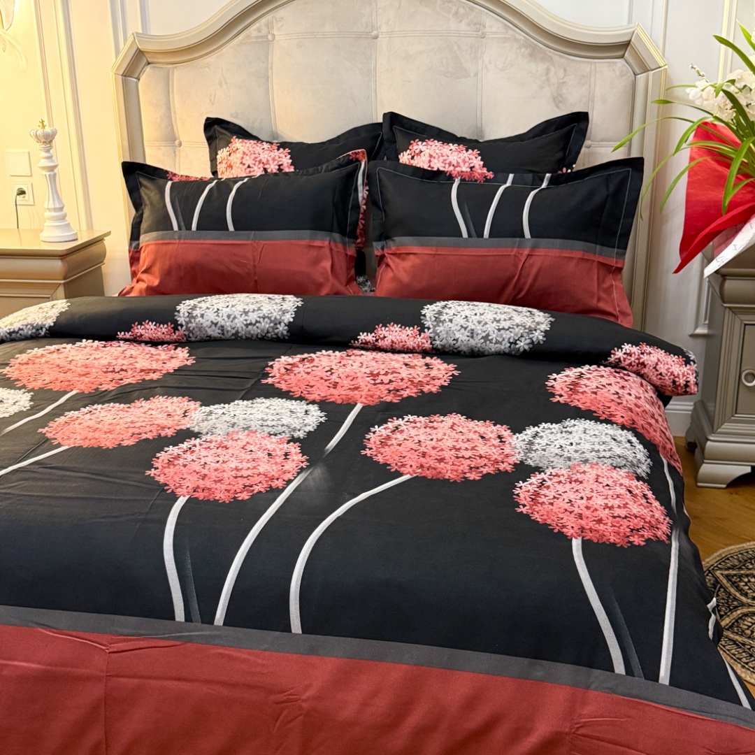 (OFERTA TRIO) Lenjerie pat dublu,  FINET, cu elastic, 6 piese, Negru, Rosu, papadii - 2 | YEO