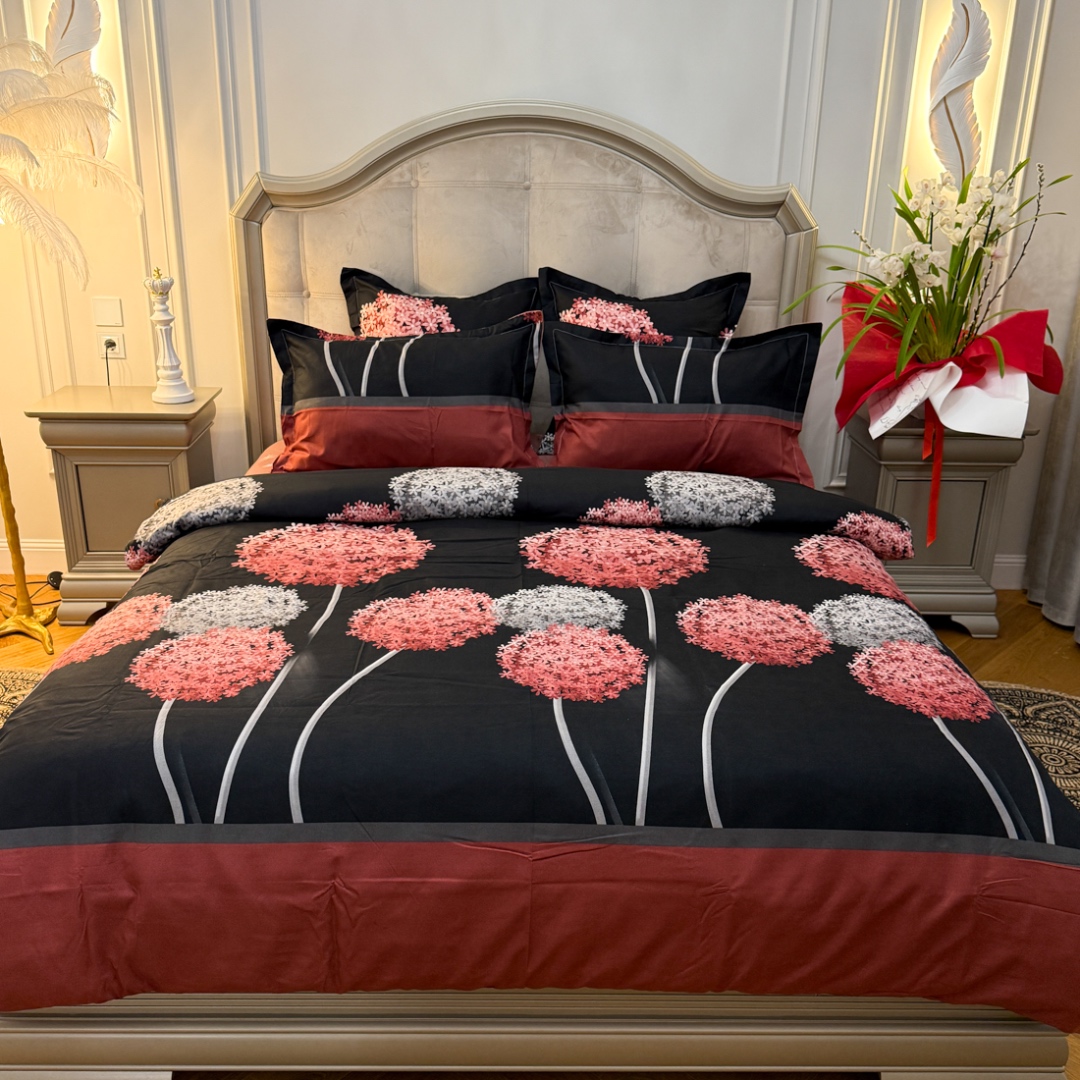 (OFERTA TRIO) Lenjerie pat dublu,  FINET, cu elastic, 6 piese, Negru, Rosu, papadii - 3 | YEO