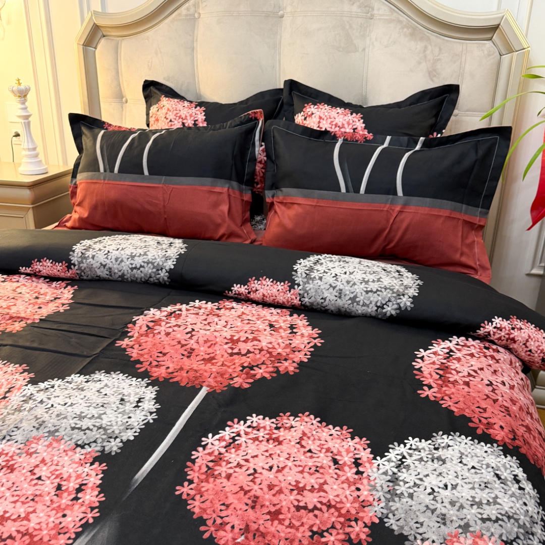 (OFERTA TRIO) Lenjerie pat dublu,  FINET, cu elastic, 6 piese, Negru, Rosu, papadii - 4 | YEO