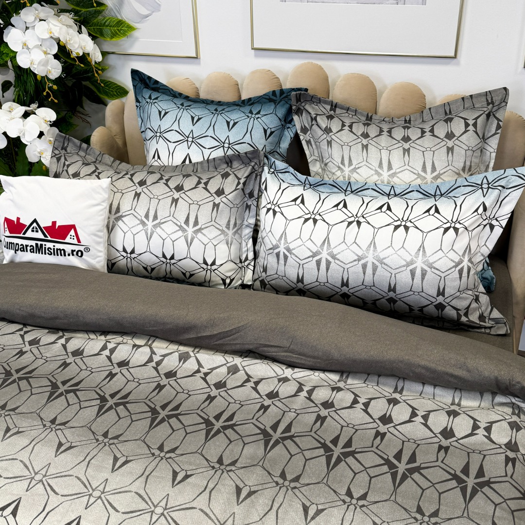 (OFERTA TRIO) Lenjerie pat dublu,  FINET, cu elastic, 6 piese, Gri, Albastru, Model Oriental - 4 | YEO