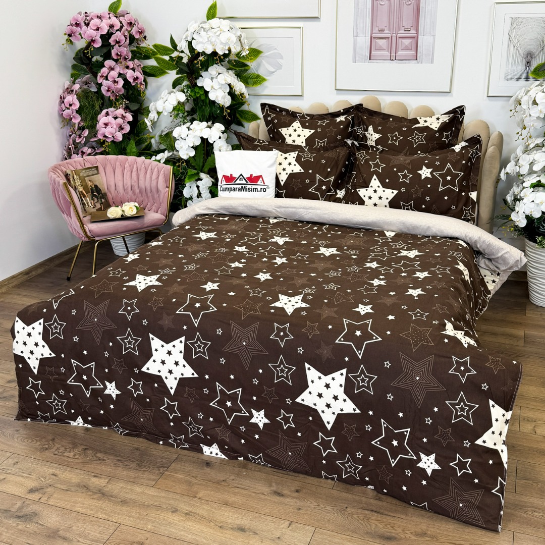 (OFERTA TRIO) Lenjerie pat dublu,  FINET, cu elastic, 6 piese, Maro, Bej, Stelute - 2 | YEO