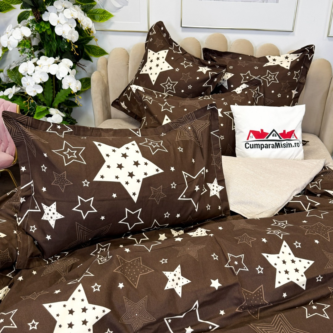 (OFERTA TRIO) Lenjerie pat dublu,  FINET, cu elastic, 6 piese, Maro, Bej, Stelute - 4 | YEO