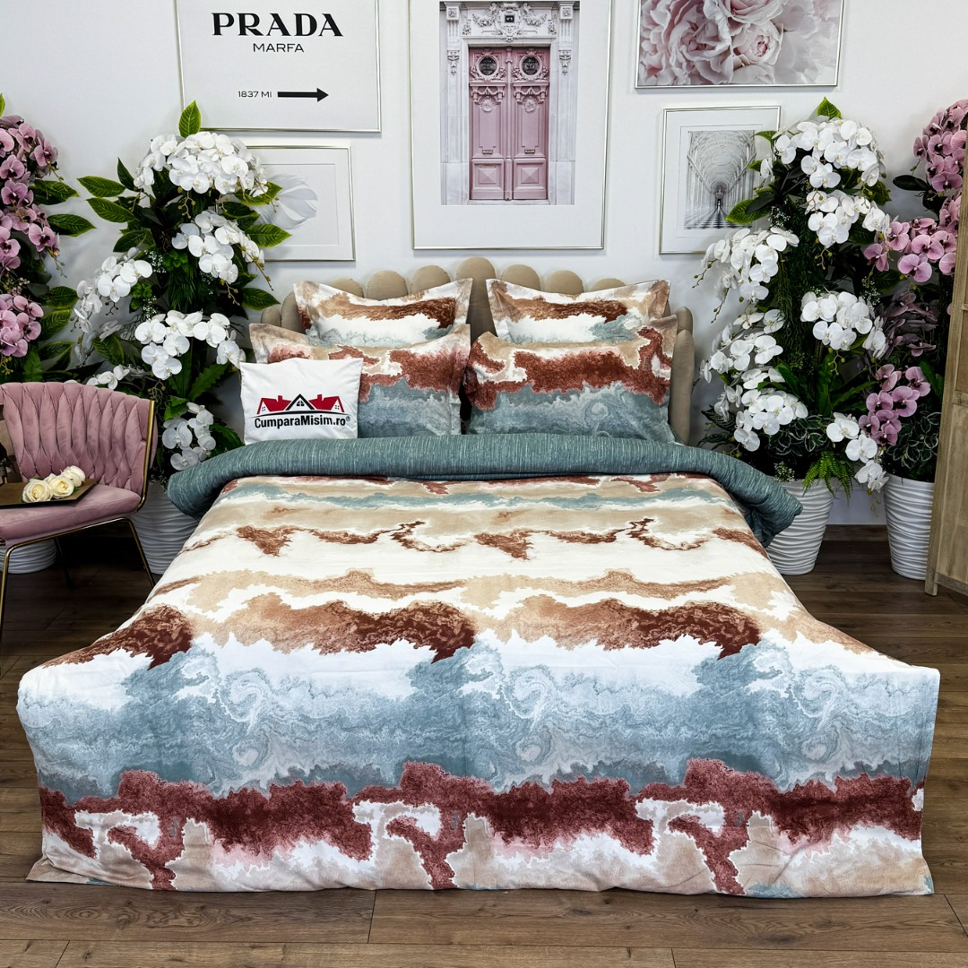 (OFERTA TRIO) Lenjerie pat dublu,  FINET, cu elastic, 6 piese, Gri, Maro, Crem, Model Clasic - 1 | YEO