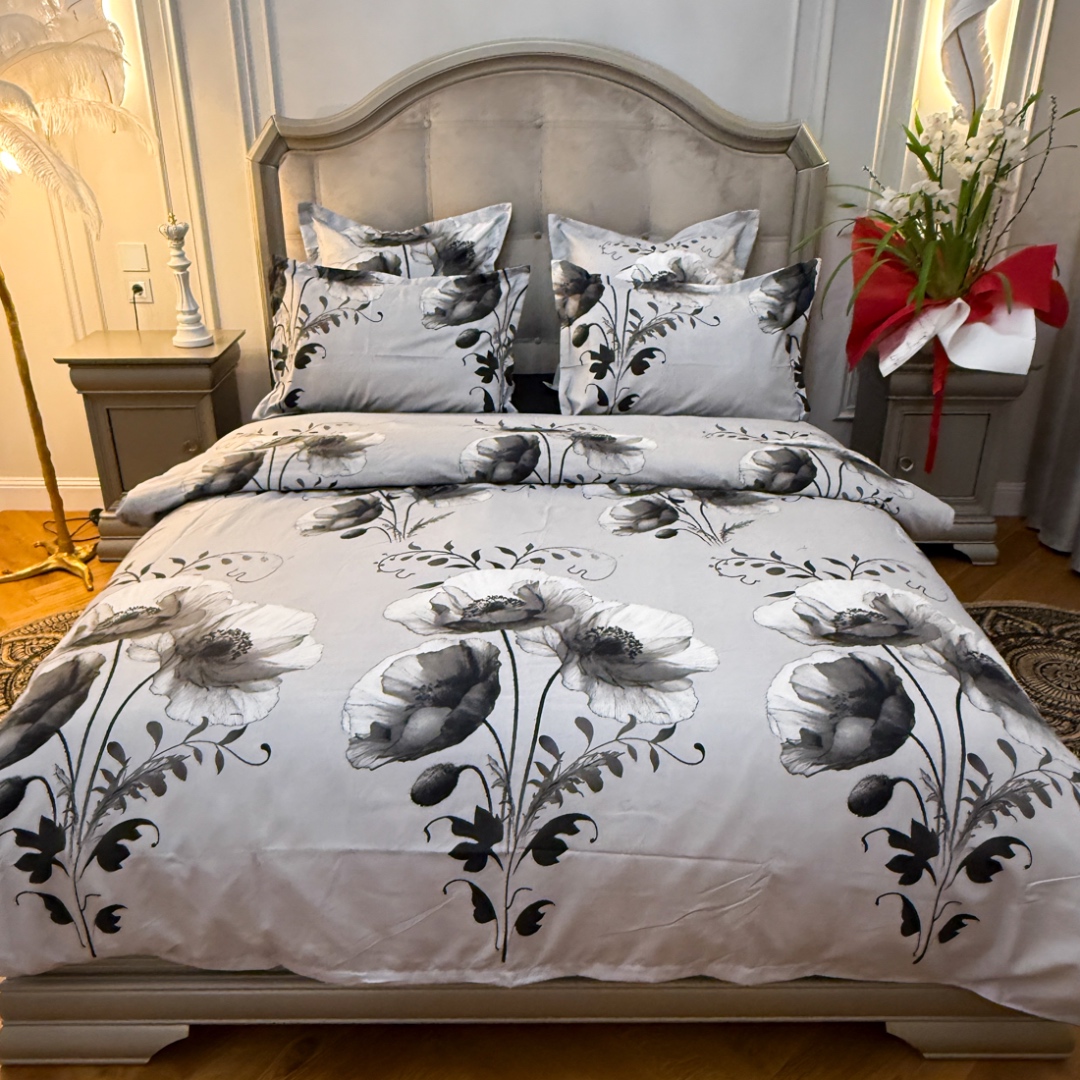 (OFERTA TRIO) Lenjerie Pat Dublu,  FINET, 6 piese, Gri, Negru, Maci - 1 | YEO