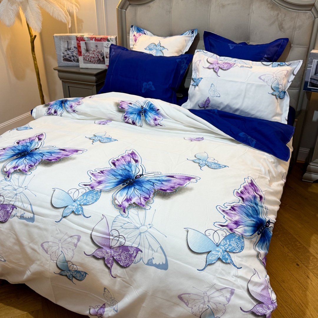 (OFERTA TRIO) Lenjerie Pat Dublu,  FINET, 6 piese, Alb, Albastru, Fluturi - 1 | YEO