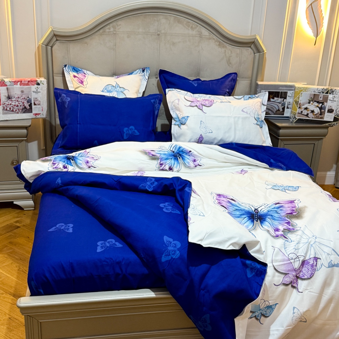 (OFERTA TRIO) Lenjerie Pat Dublu,  FINET, 6 piese, Alb, Albastru, Fluturi - 2 | YEO