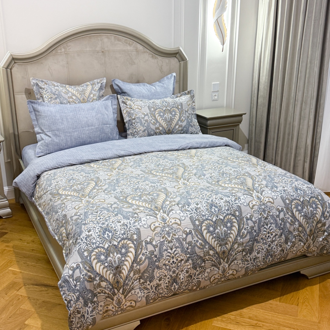 (OFERTA TRIO) Lenjerie Pat Dublu,  FINET, 6 piese, Gri, Bleu, Model Oriental - 1 | YEO
