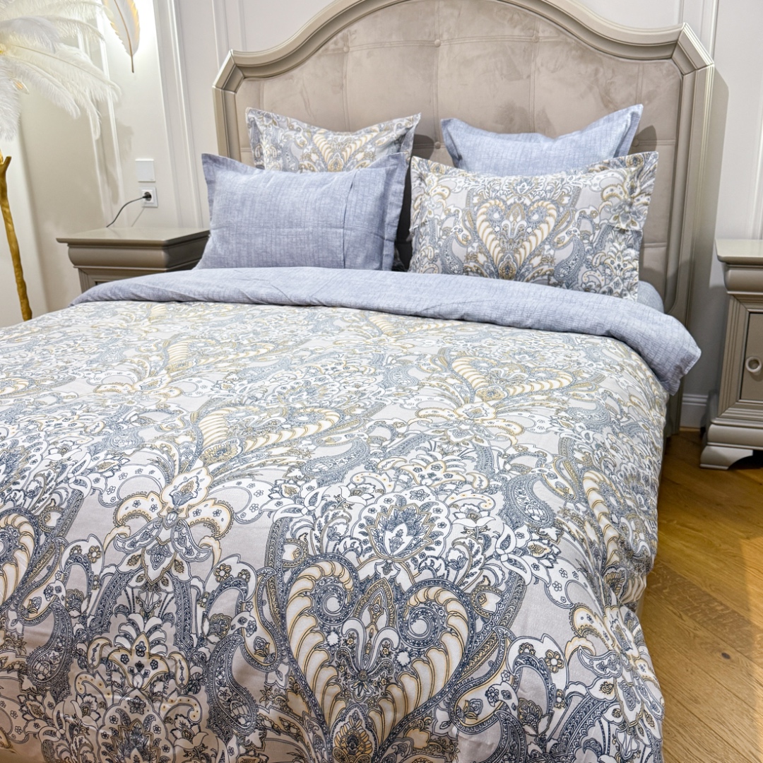 (OFERTA TRIO) Lenjerie Pat Dublu,  FINET, 6 piese, Gri, Bleu, Model Oriental - 2 | YEO