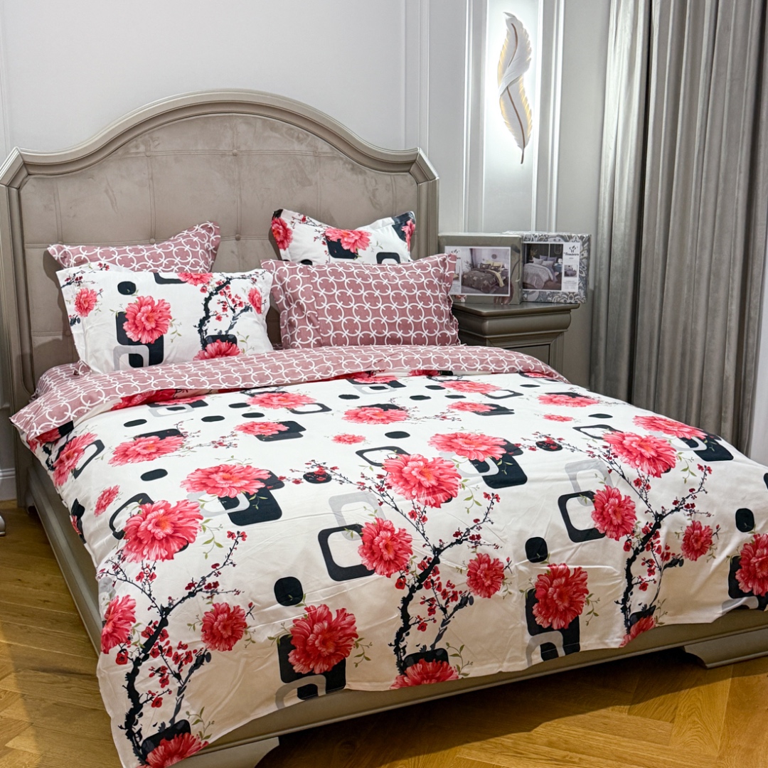(OFERTA TRIO) Lenjerie Pat Dublu,  FINET, 6 piese, Alb, Roz, Negru, Flori, Patratele - 1 | YEO