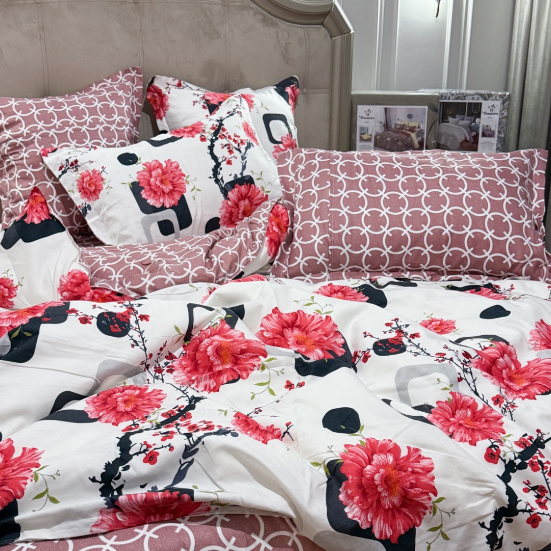 (OFERTA TRIO) Lenjerie Pat Dublu,  FINET, 6 piese, Alb, Roz, Negru, Flori, Patratele - 2 | YEO