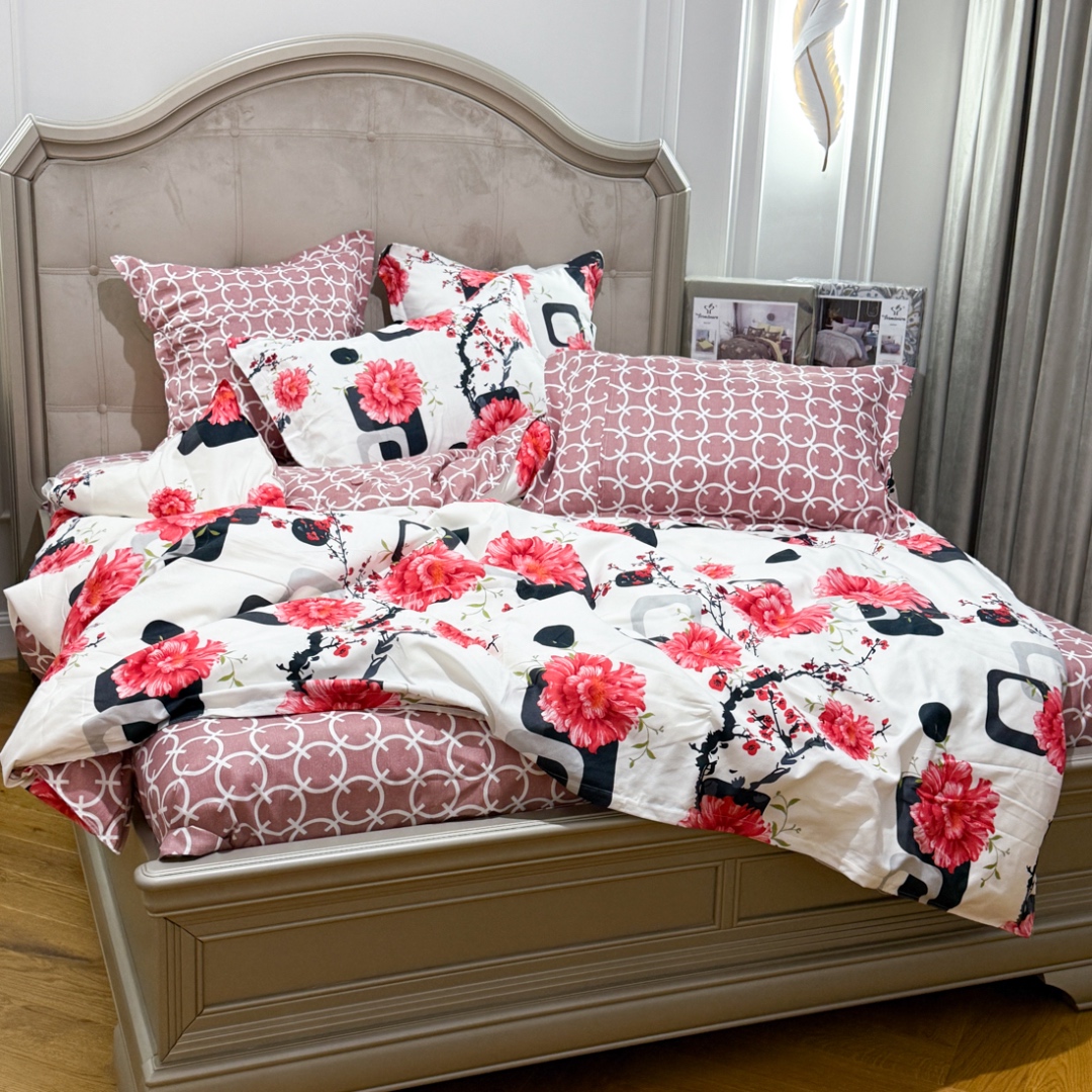 (OFERTA TRIO) Lenjerie Pat Dublu,  FINET, 6 piese, Alb, Roz, Negru, Flori, Patratele - 3 | YEO