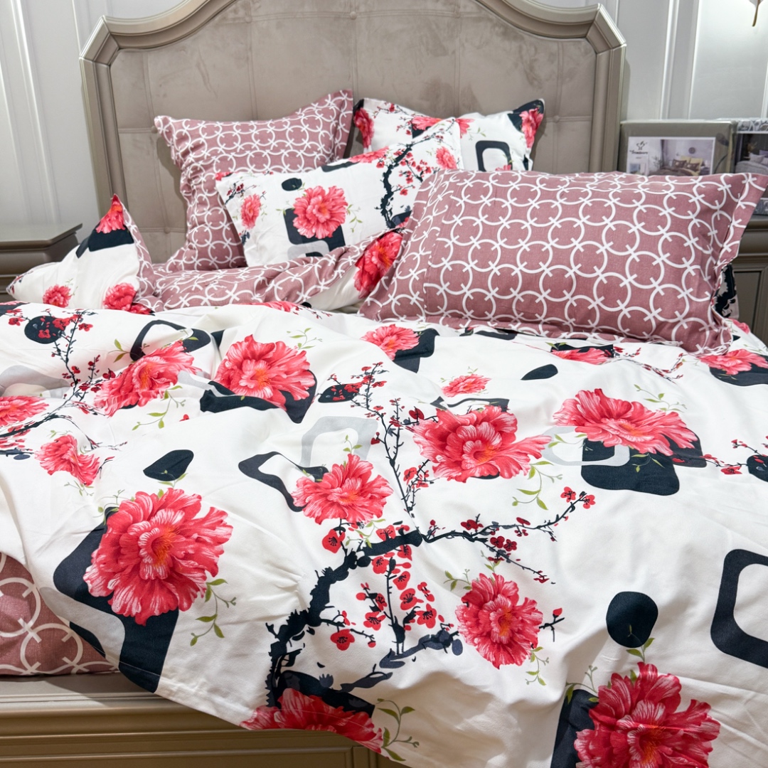 (OFERTA TRIO) Lenjerie Pat Dublu,  FINET, 6 piese, Alb, Roz, Negru, Flori, Patratele - 4 | YEO