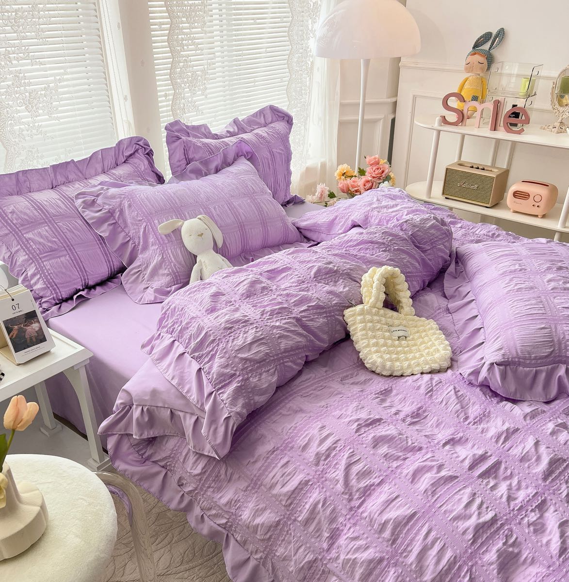 Lenjerie pat dublu,  Soft Touch CREPONAT DELUXE, 6 piese, Jojo Home, Lila - 1 | YEO