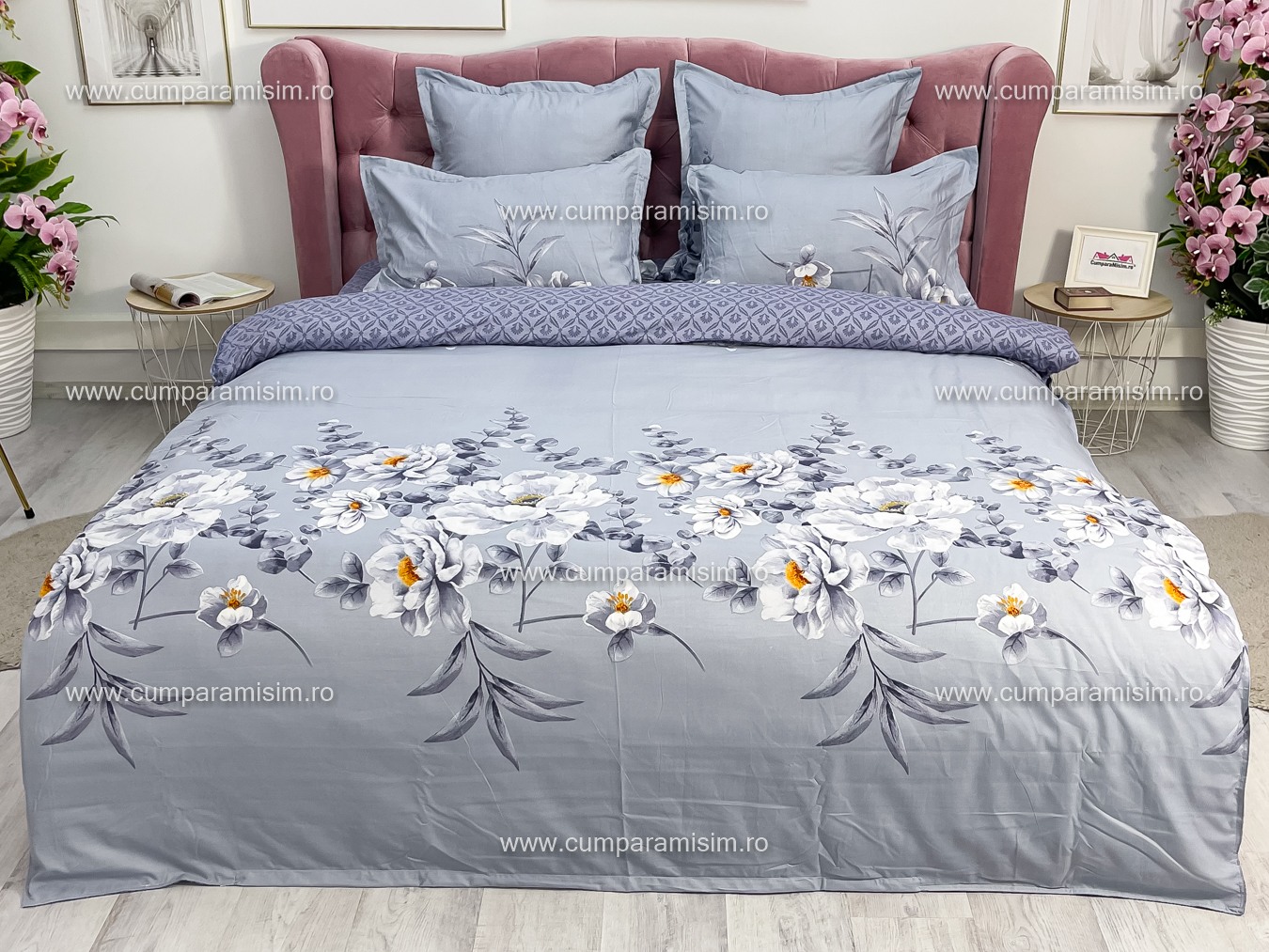 Lenjerie pat dublu,  FINET, 6 piese, Jojo Home, Lila-Multicolor, flori - 1 | YEO