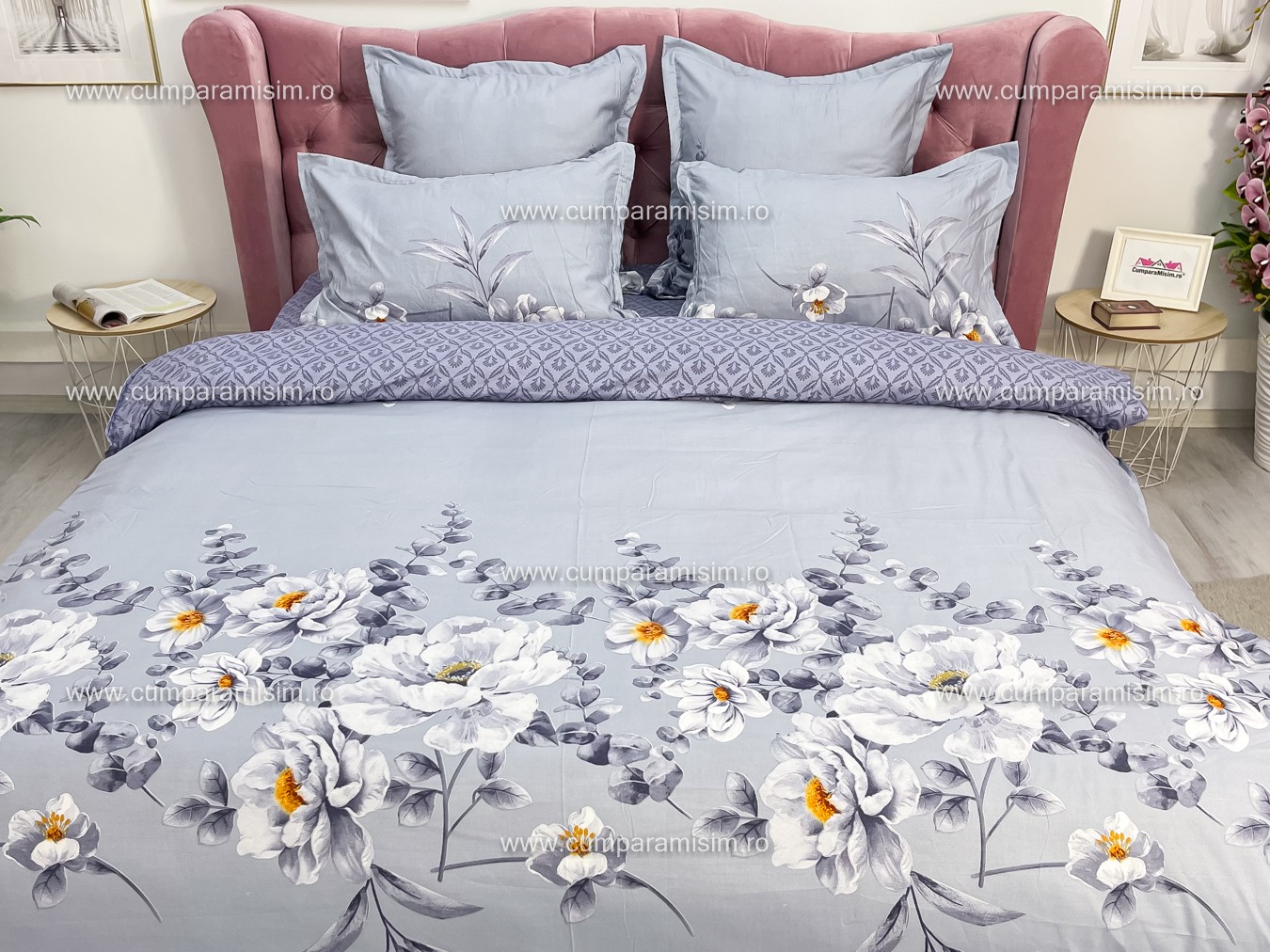 Lenjerie pat dublu,  FINET, 6 piese, Jojo Home, Lila-Multicolor, flori - 2 | YEO