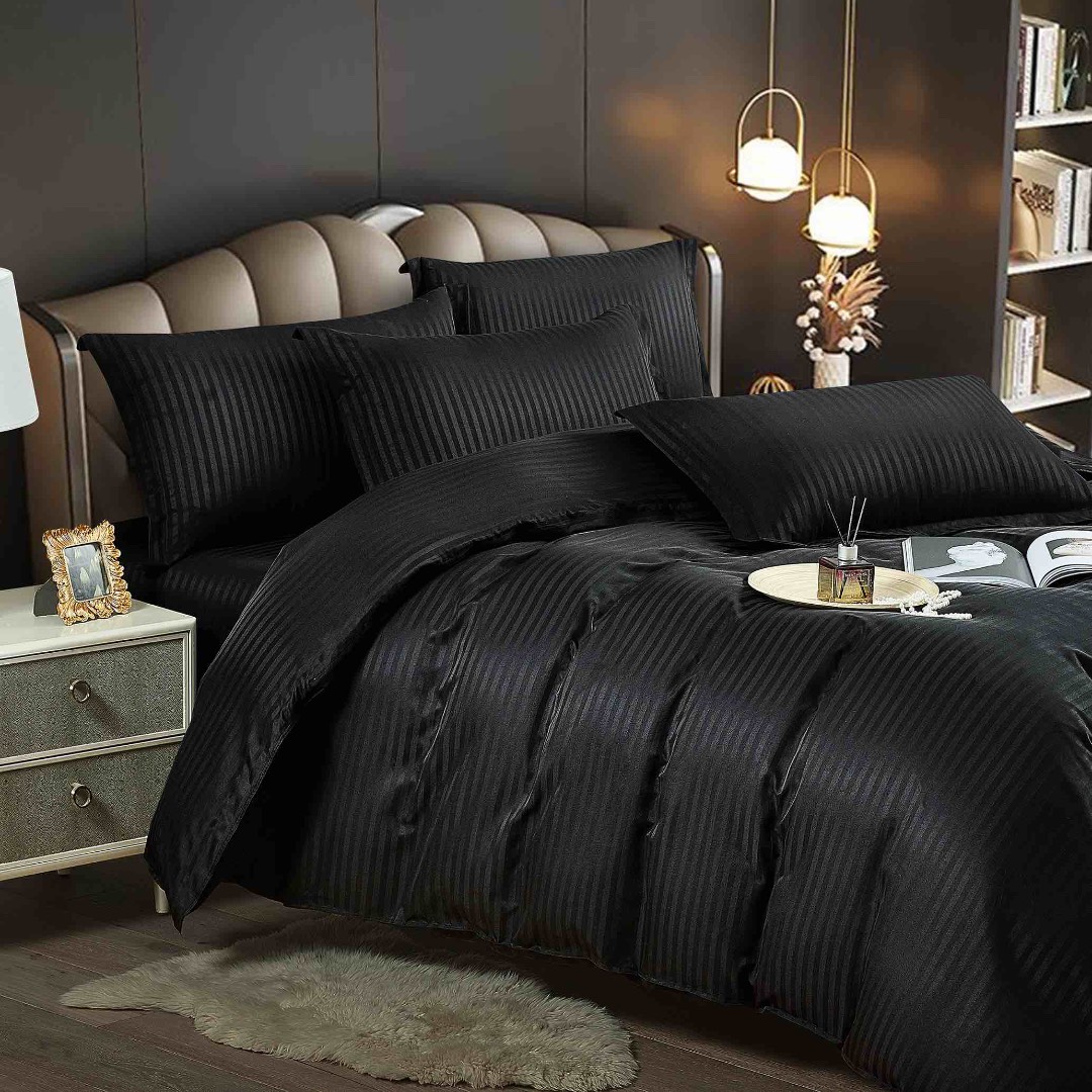 Lenjerie HoReCa, pat dublu, Damasc Finetat Deluxe cu Elastic, 6 piese, Jojo Home, Negru - 2 | YEO
