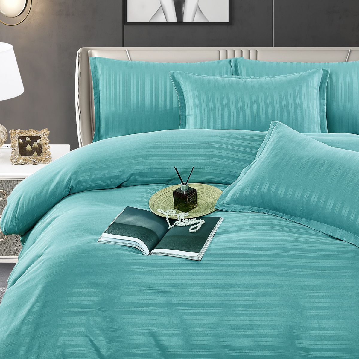 Lenjerie HoReCa, pat dublu, Damasc Finetat Satinat, 6 piese, Jojo Home, Aqua Bleu - 1 | YEO
