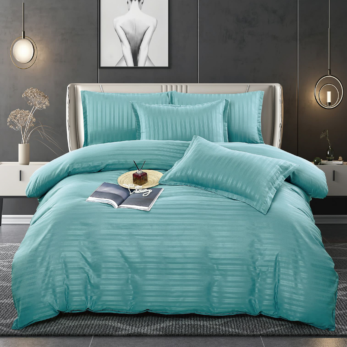 Lenjerie HoReCa, pat dublu, Damasc Finetat Satinat, 6 piese, Jojo Home, Aqua Bleu - 2 | YEO