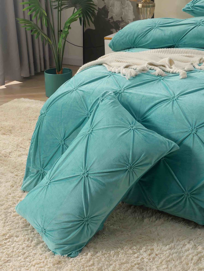 Lenjerie pat dublu, Catifea Deluxe, cu pliuri brodate, 4 piese, Jojo Home, Aqua - 3 | YEO