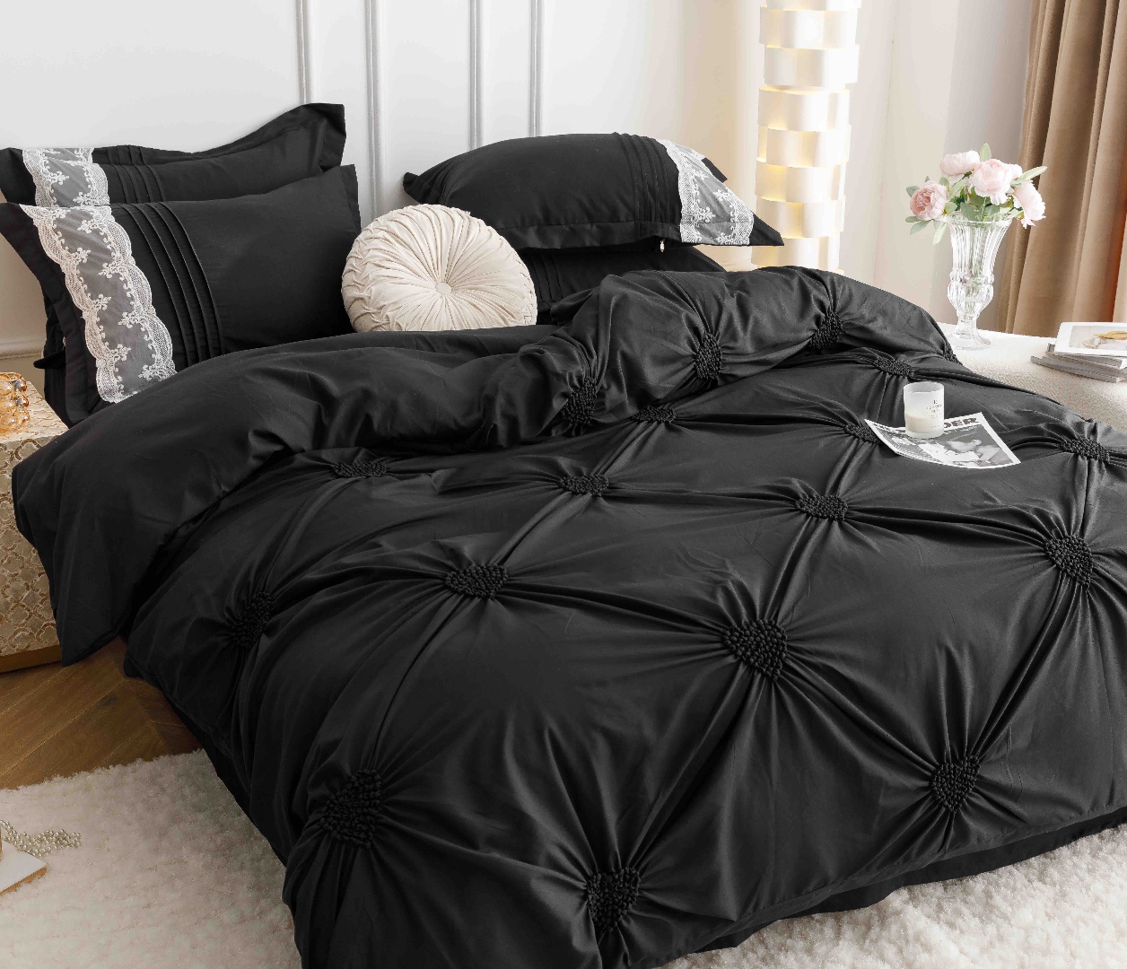 Lenjerie de Pat Premium, JOJO HOME, Finet Soft Touch, cu Inimioare din Pliuri Brodate, si Dantela Delicata, 6 Piese, Nesifonabila si Durabila, Negru - 3 | YEO