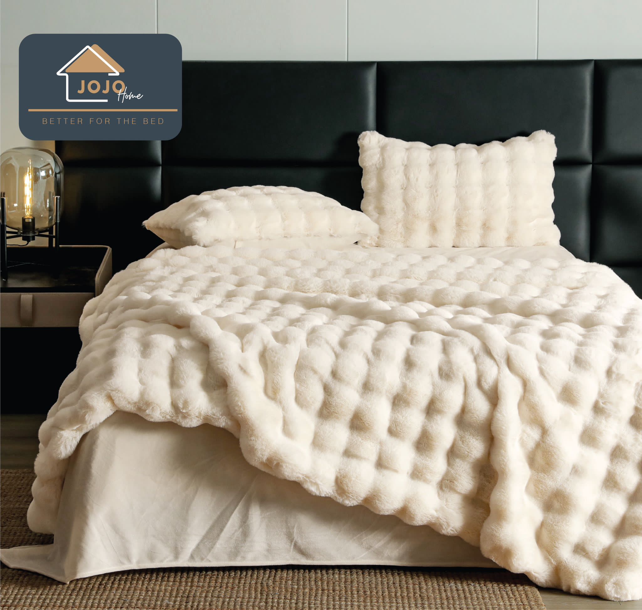 Lenjerie Luxury Pat Dublu, Jojo Home, ExtraPufoasa, din Blanita Artificiala tip Iepure, 6 piese, Bej deschis - 1 | YEO