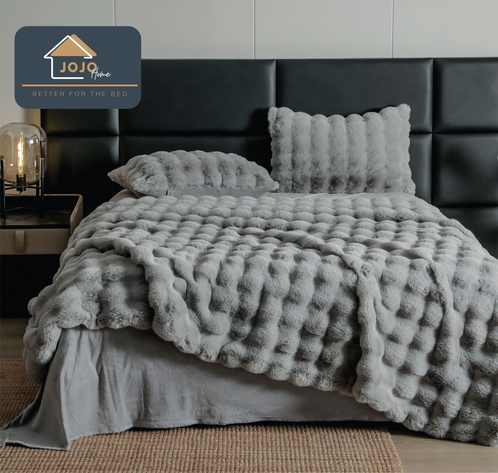 Lenjerie Luxury Pat Dublu, Jojo Home, ExtraPufoasa, din Blanita Artificiala tip Iepure, 6 piese, Gri deschis - 1 | YEO