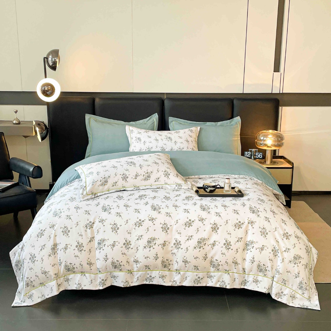 Lenjerie pat dublu, FINET DeLuxe, 6 piese, cu ELASTIC, Jojo Home, Cutie Eleganta, Crem, Menta, Floricele - 1 | YEO