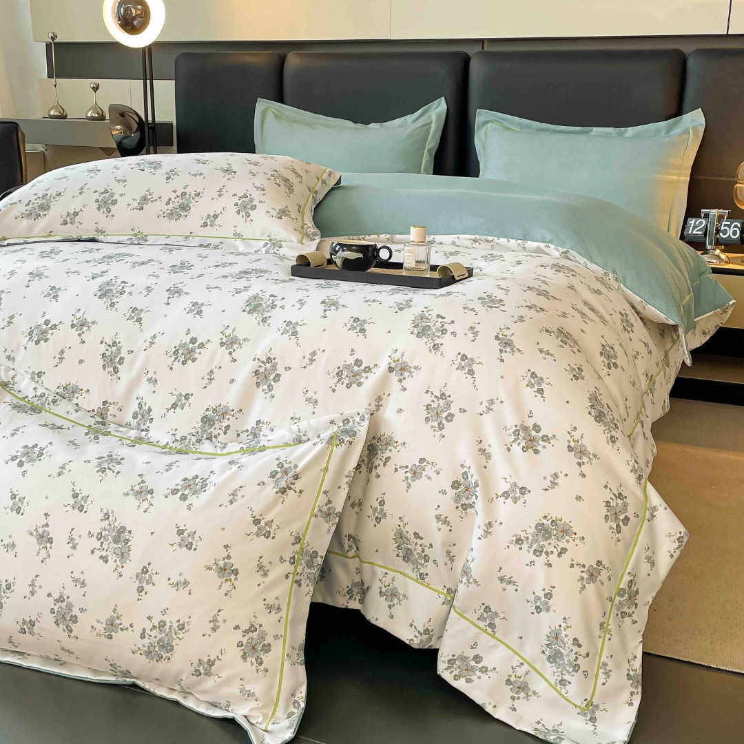 Lenjerie pat dublu, FINET DeLuxe, 6 piese, cu ELASTIC, Jojo Home, Cutie Eleganta, Crem, Menta, Floricele - 2 | YEO