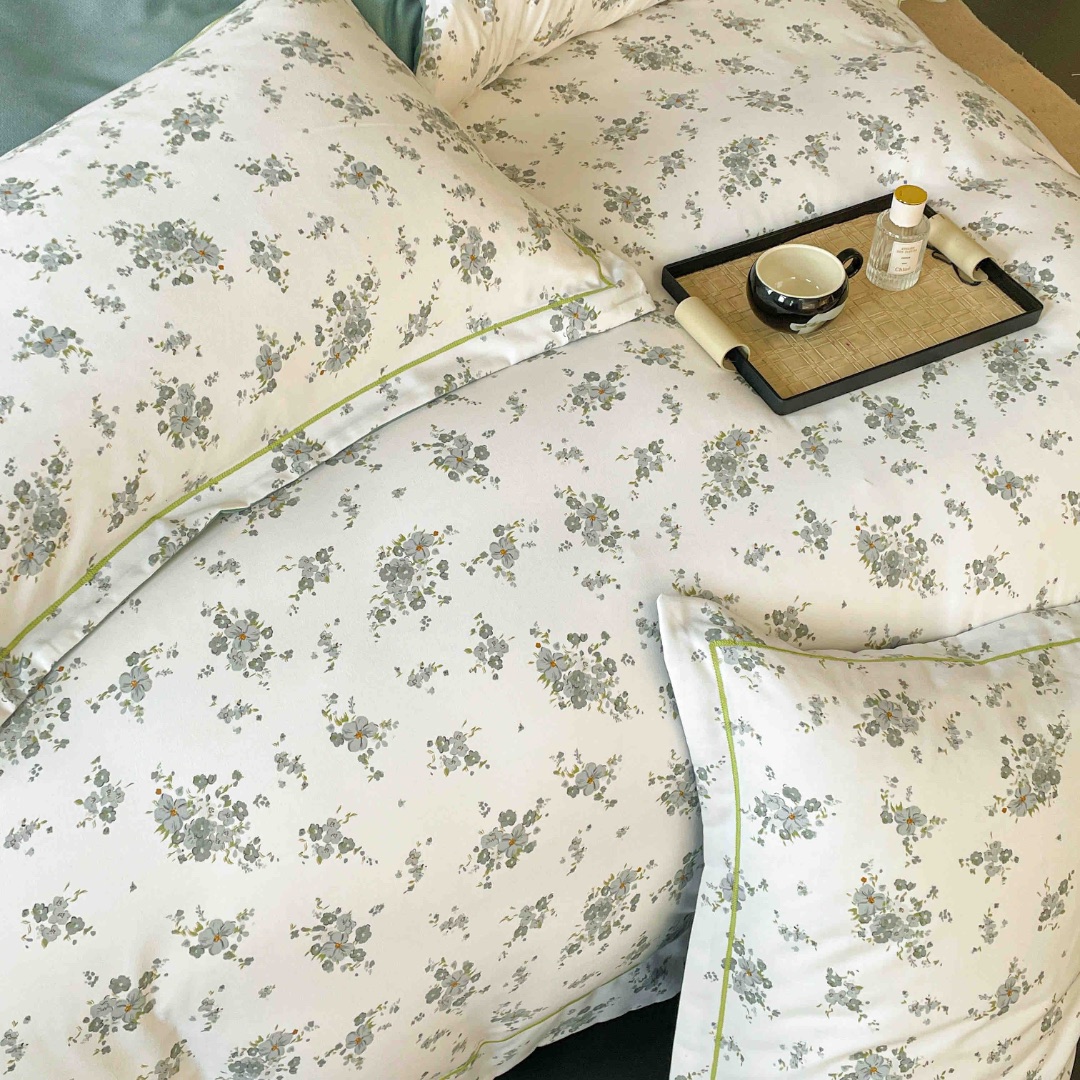 Lenjerie pat dublu, FINET DeLuxe, 6 piese, cu ELASTIC, Jojo Home, Cutie Eleganta, Crem, Menta, Floricele - 3 | YEO