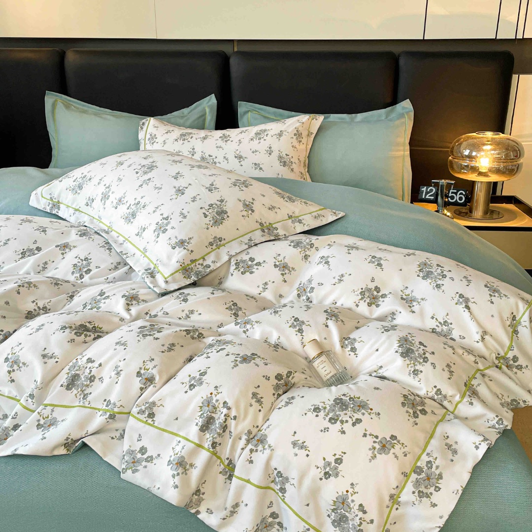 Lenjerie pat dublu, FINET DeLuxe, 6 piese, cu ELASTIC, Jojo Home, Cutie Eleganta, Crem, Menta, Floricele - 4 | YEO