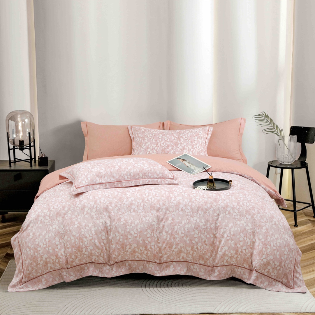 Lenjerie pat dublu, FINET DeLuxe, 6 piese, cu ELASTIC, Jojo Home, Cutie Eleganta, Roz, Frunzulite - 1 | YEO