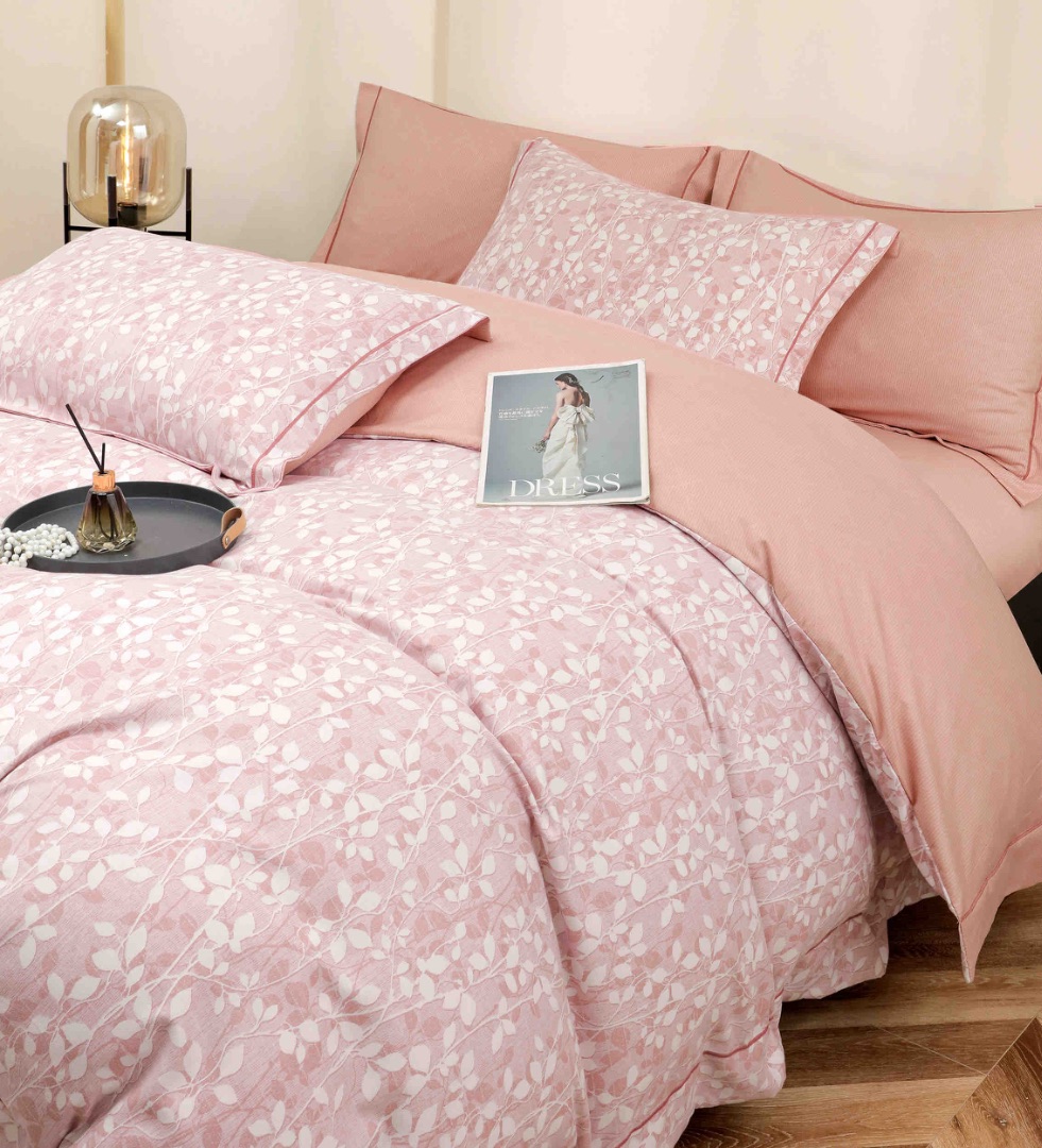 Lenjerie pat dublu, FINET DeLuxe, 6 piese, cu ELASTIC, Jojo Home, Cutie Eleganta, Roz, Frunzulite - 2 | YEO