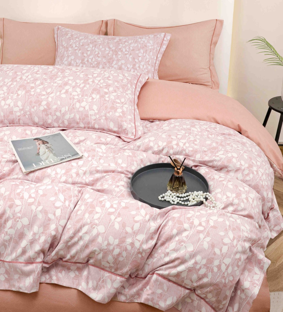 Lenjerie pat dublu, FINET DeLuxe, 6 piese, cu ELASTIC, Jojo Home, Cutie Eleganta, Roz, Frunzulite - 3 | YEO