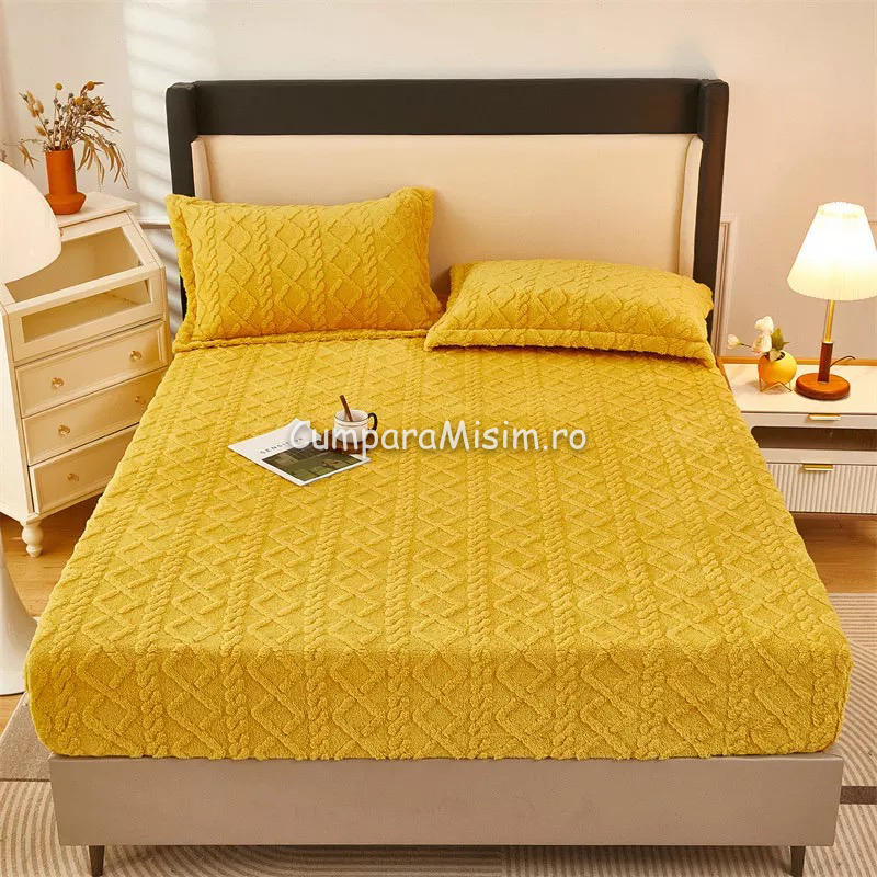 Cearsaf cu elastic COCOLINO, 180x200x25cm, 2 fete de perne, Jojo Home, model Tricotat, Galben - 2 | YEO