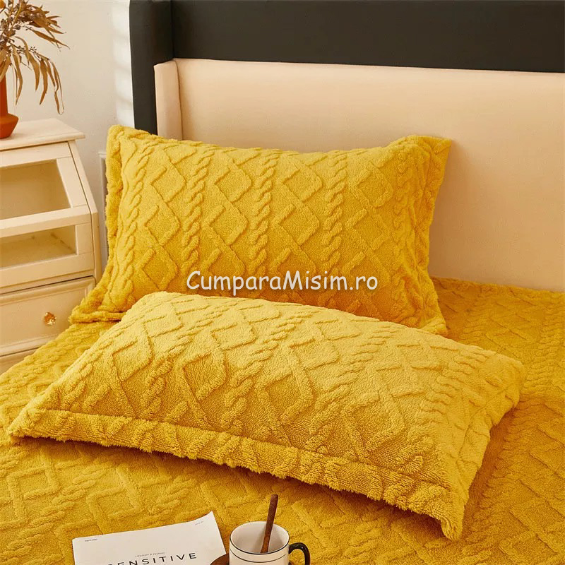 Cearsaf cu elastic COCOLINO, 180x200x25cm, 2 fete de perne, Jojo Home, model Tricotat, Galben - 3 | YEO