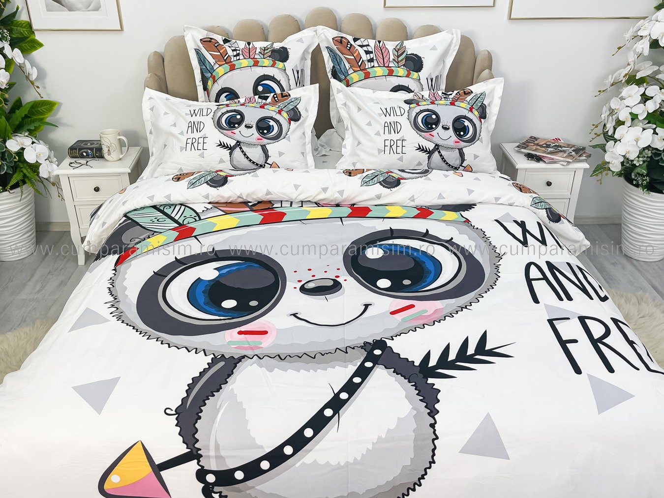 Lenjerie pat dublu,  FINET, Imprimeu Digital - Identic cu poza, 6 piese, Jojo Home, Alb-Multicolor, ursulet - 2 | YEO