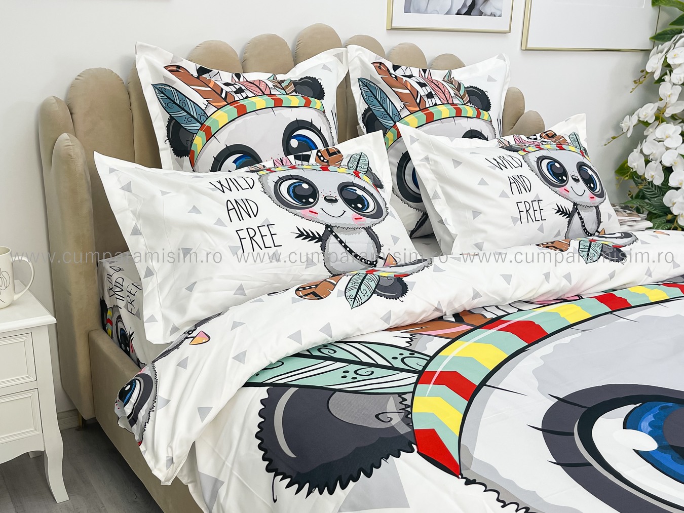 Lenjerie pat dublu,  FINET, Imprimeu Digital - Identic cu poza, 6 piese, Jojo Home, Alb-Multicolor, ursulet - 4 | YEO