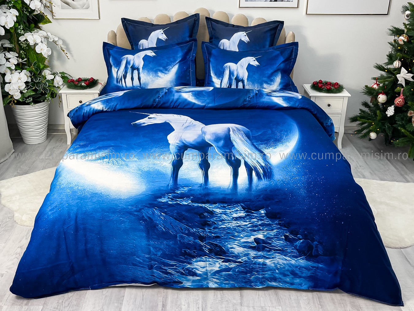 Lenjerie pat dublu,  FINET, Imprimeu Digital - Identic cu poza, 6 piese, Jojo Home, Bleumarin-Alb, unicorn - 1 | YEO