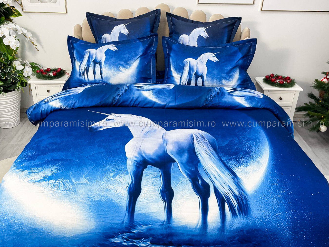 Lenjerie pat dublu,  FINET, Imprimeu Digital - Identic cu poza, 6 piese, Jojo Home, Bleumarin-Alb, unicorn - 2 | YEO