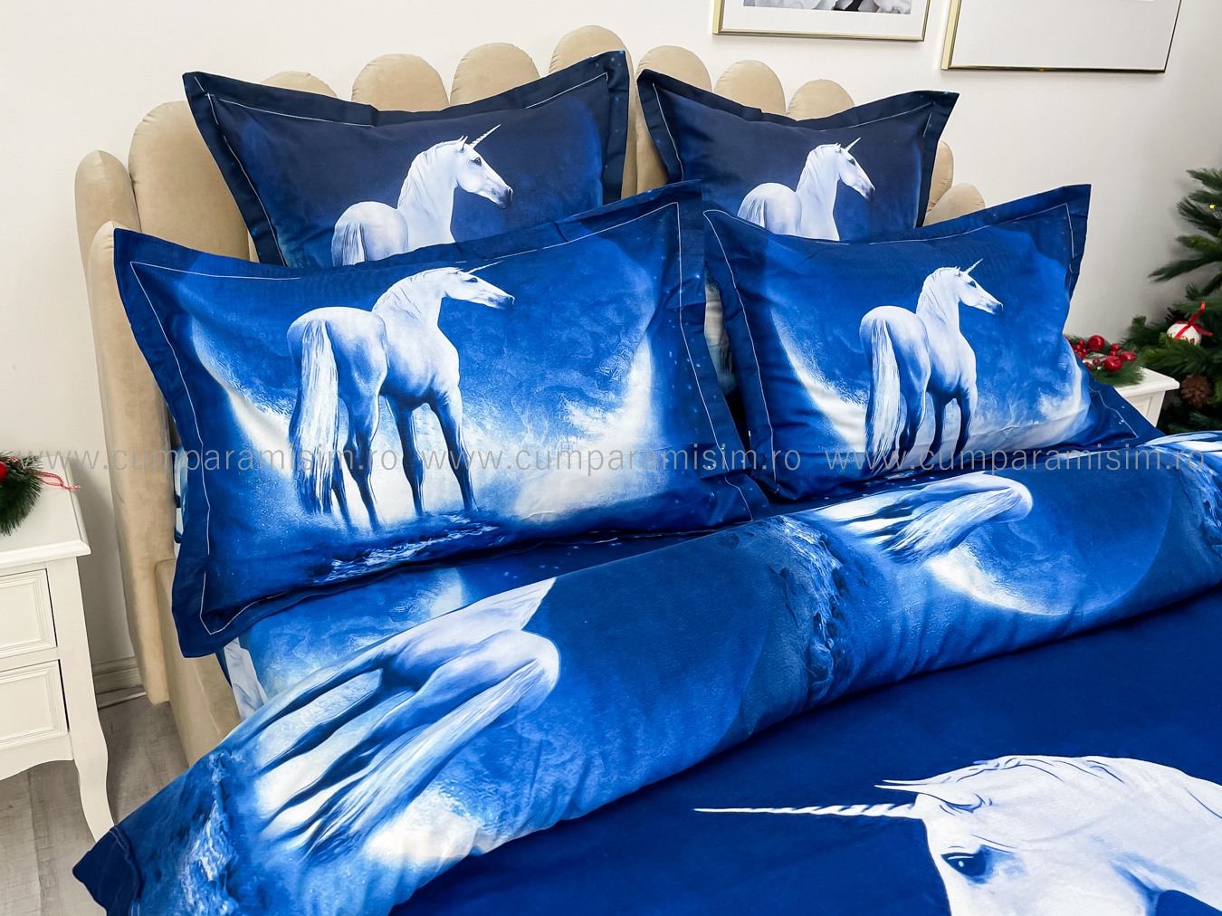 Lenjerie pat dublu,  FINET, Imprimeu Digital - Identic cu poza, 6 piese, Jojo Home, Bleumarin-Alb, unicorn - 4 | YEO