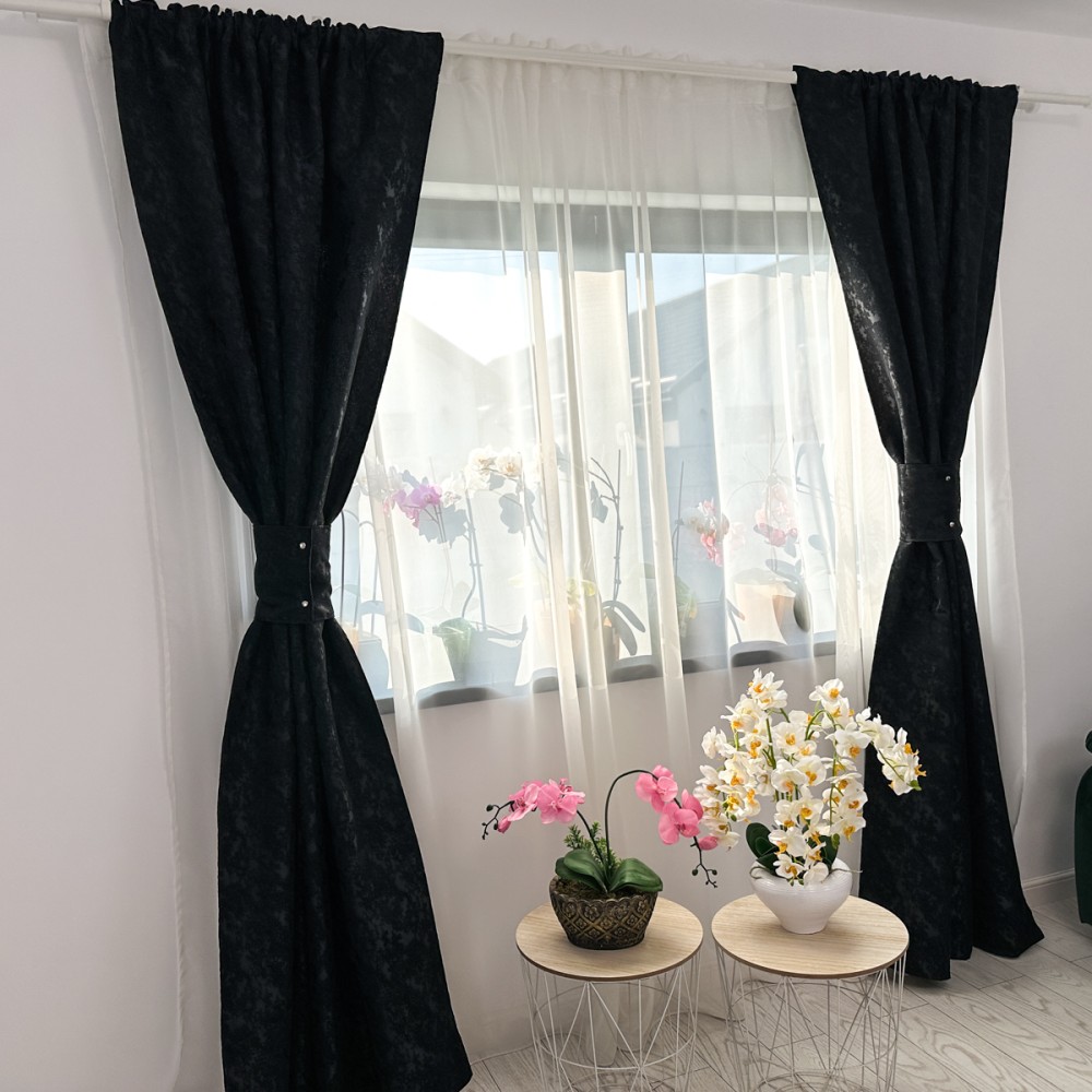 Set 2 draperii din Jacquard, Negru, 1m latime x 2m inaltime, cu rejansa pentru sina – imagine 2