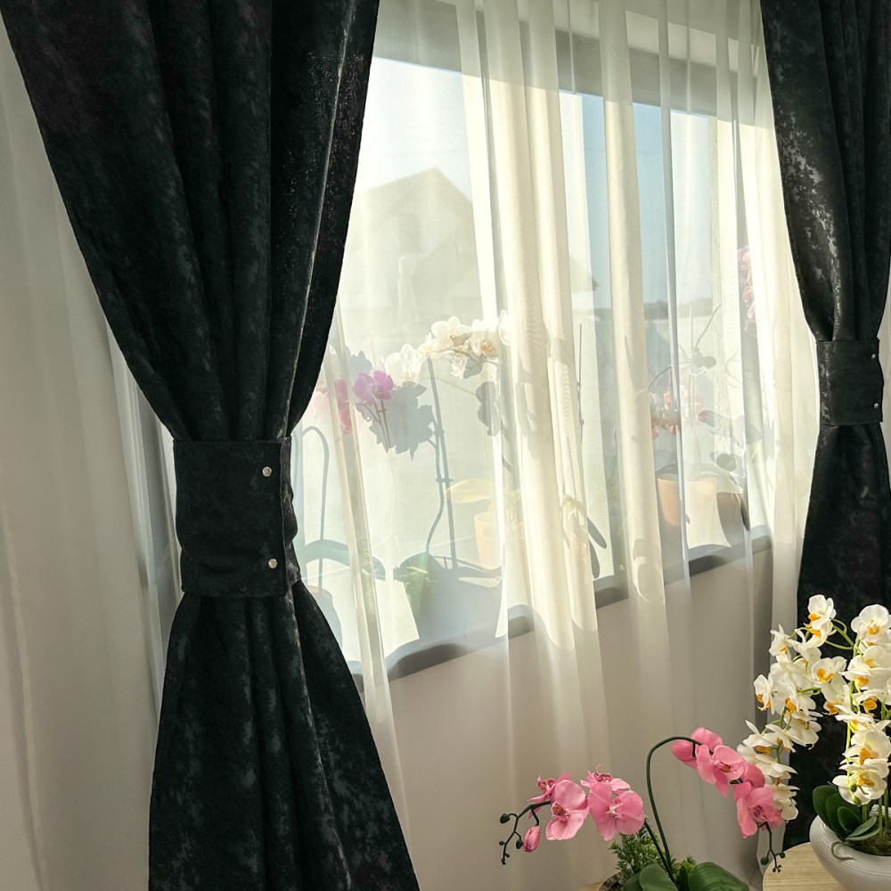 Set 2 draperii din Jacquard, Negru, 1m latime x 2m inaltime, cu rejansa pentru sina – imagine 3