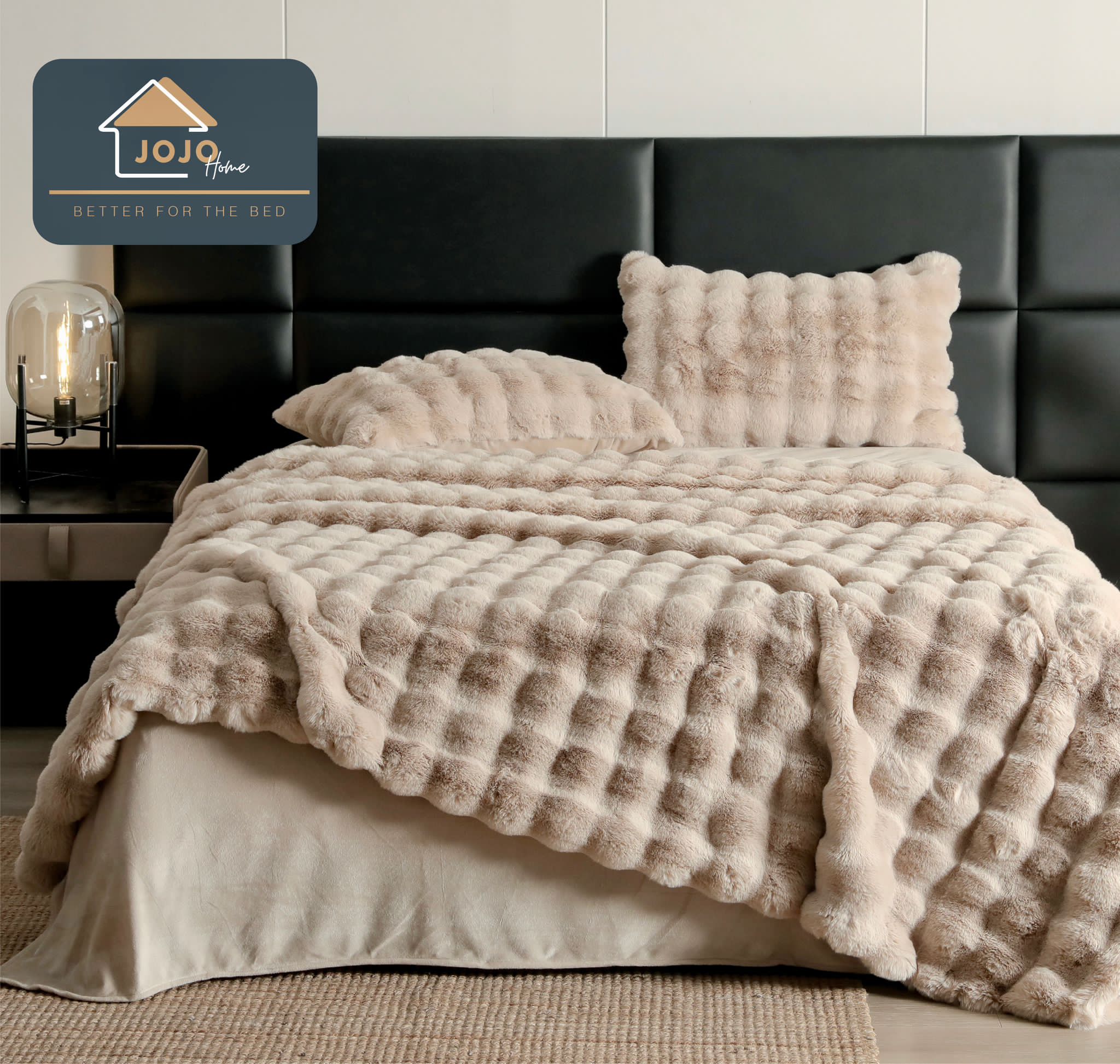 Lenjerie Luxury Pat Dublu, Jojo Home, ExtraPufoasa, din Blanita Artificiala tip Iepure, 6 piese, Cappuccino - 1 | YEO
