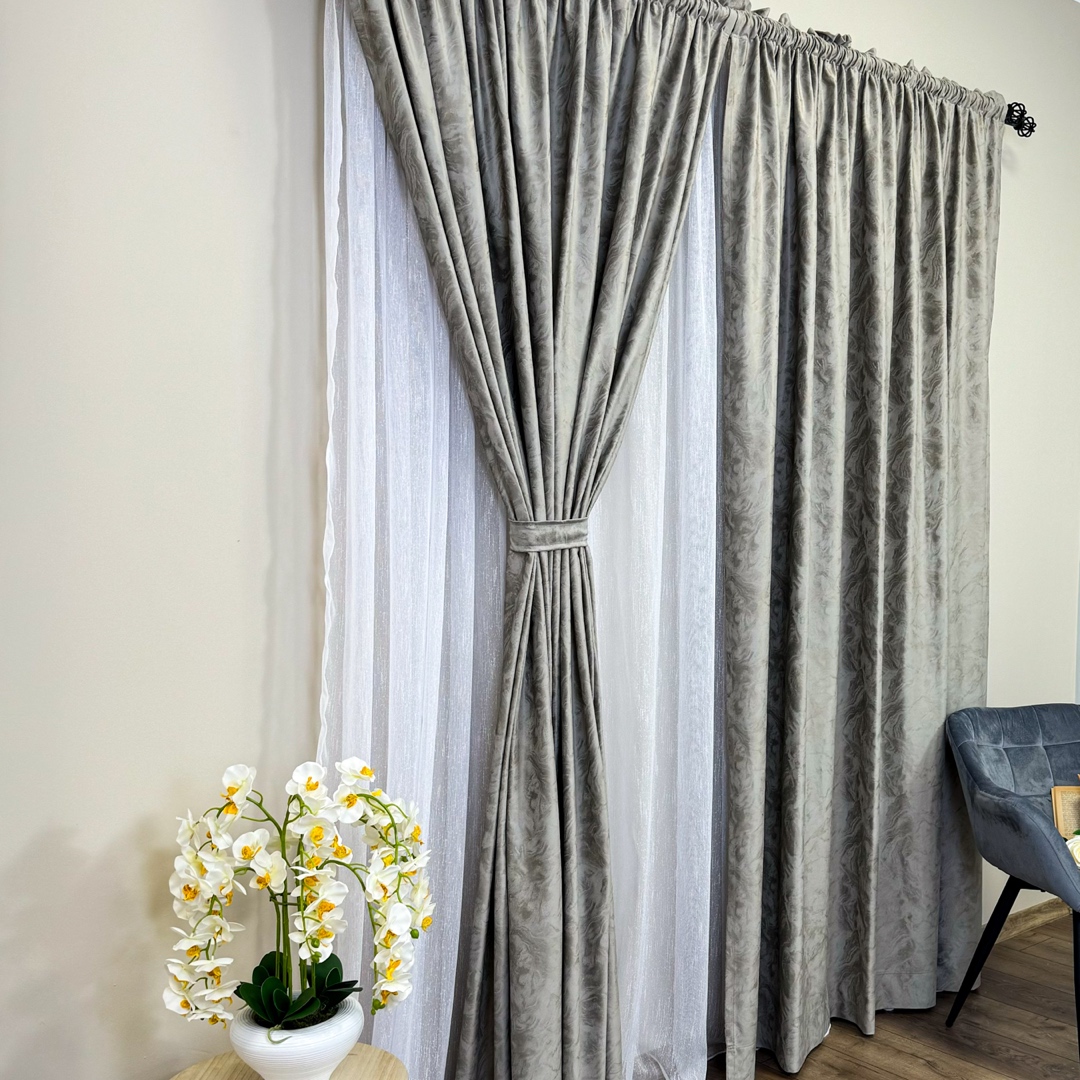 Draperie Catifea MYKONOS cu valuri rafinate aurii, 140cm latime x 260cm inaltime, cu TIV LAT, Grej - YNS33-23 - 2 | YEO